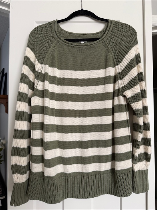 aerie Sweaters - aerie Olive Green and Cream Striped Crewneck Sweater
